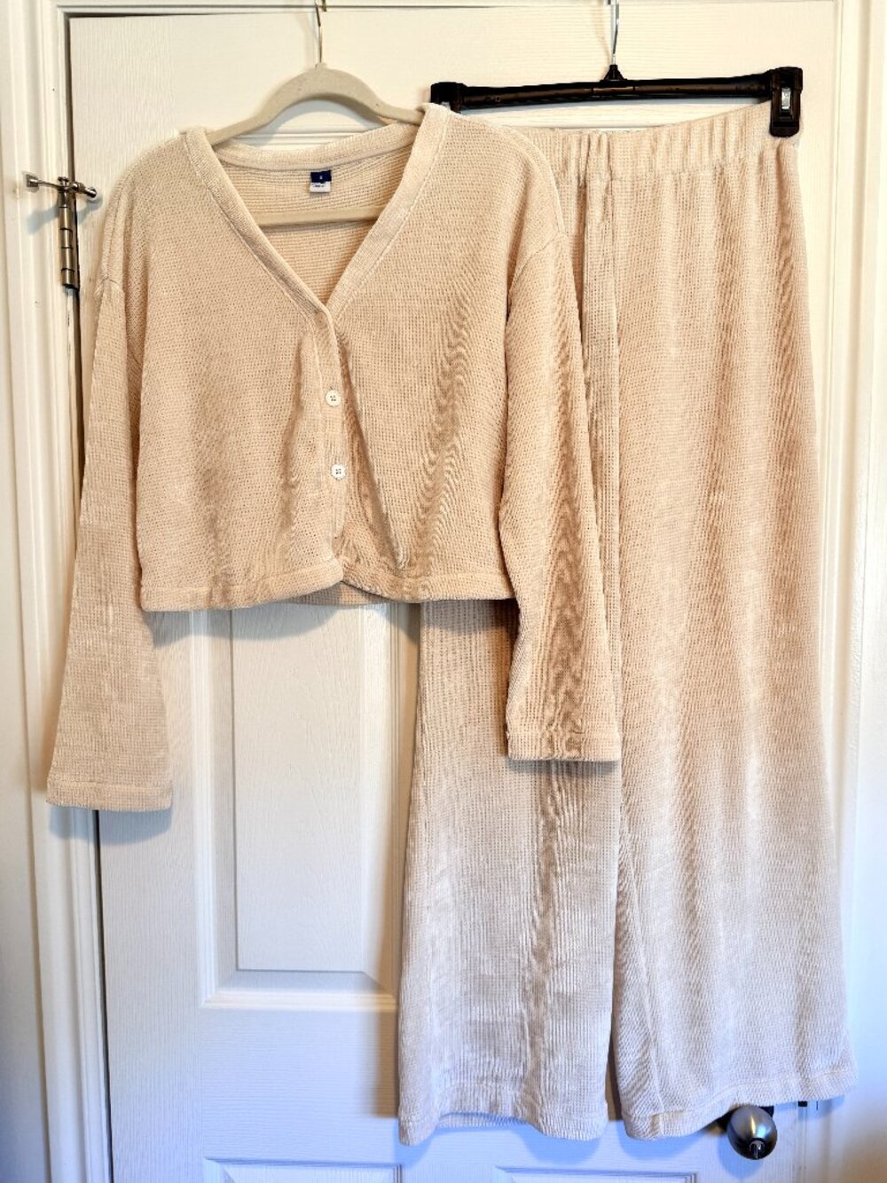 Cream Velvet Chenille Lounge Set Cropped Cardigan Wide Leg Pants S